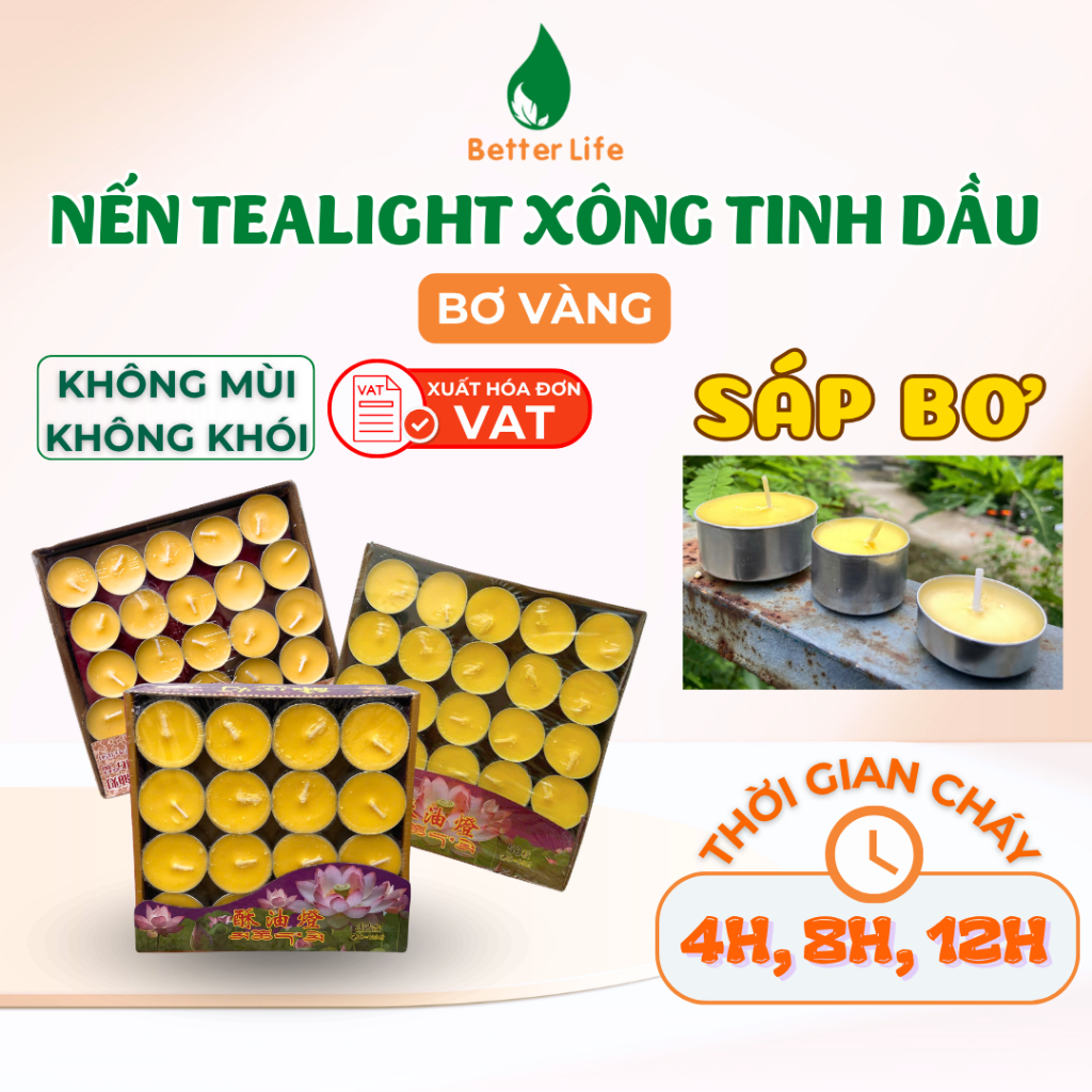 Nến tealight bơ vàng cháy lâu 50-100 viên xông tinh dầu, trang trí, nến viên tròn mini thờ cúng