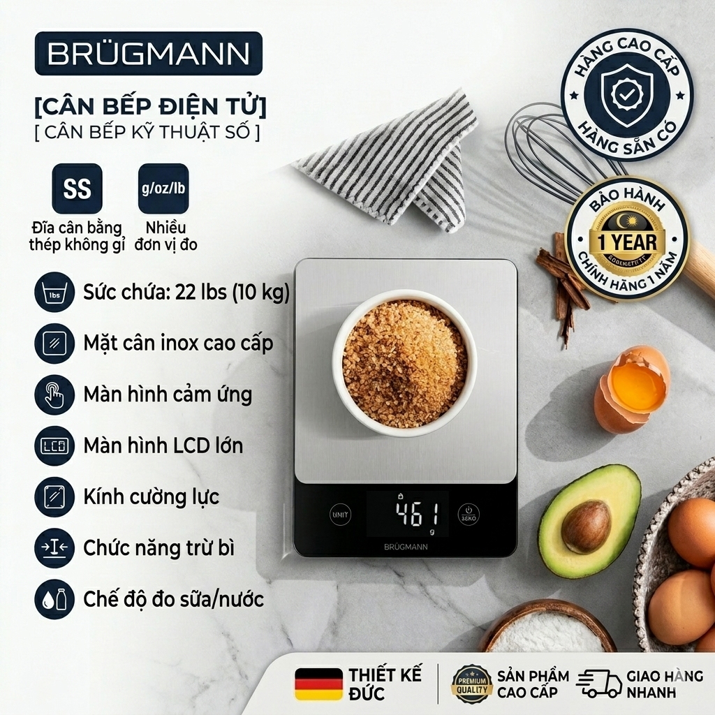 Cân Điện Tử Nhà Bếp BRUGMANN 10kg | Cân Thực Phẩm Chính Xác 1g