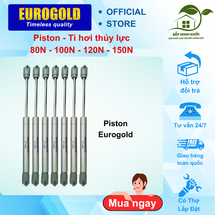 Pistong EUROGOLD, Ti hơi đẩy cánh tủ cao cấp 80N, 100N, 120N, 150N