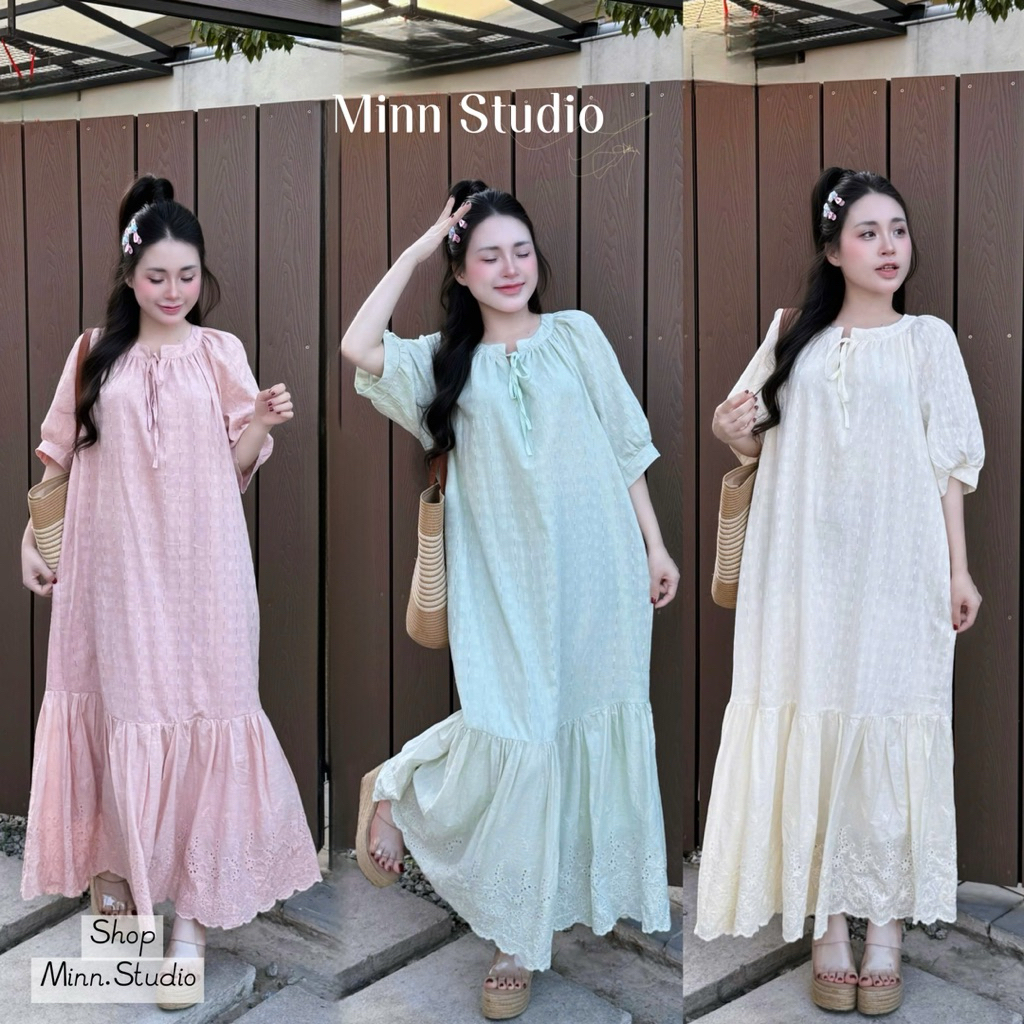 [Minn.studio] Váy Babydoll Dáng Dài Phối Chân Ren Cổ Buộc Nơ (Hàng Chuẩn Mẫu )
