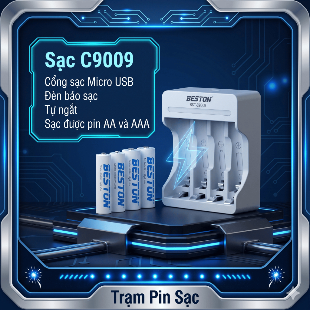 Bộ sạc pin 4 slot C9009 Beston AA /AAA 1.2V tự ngắt, tiện lợi