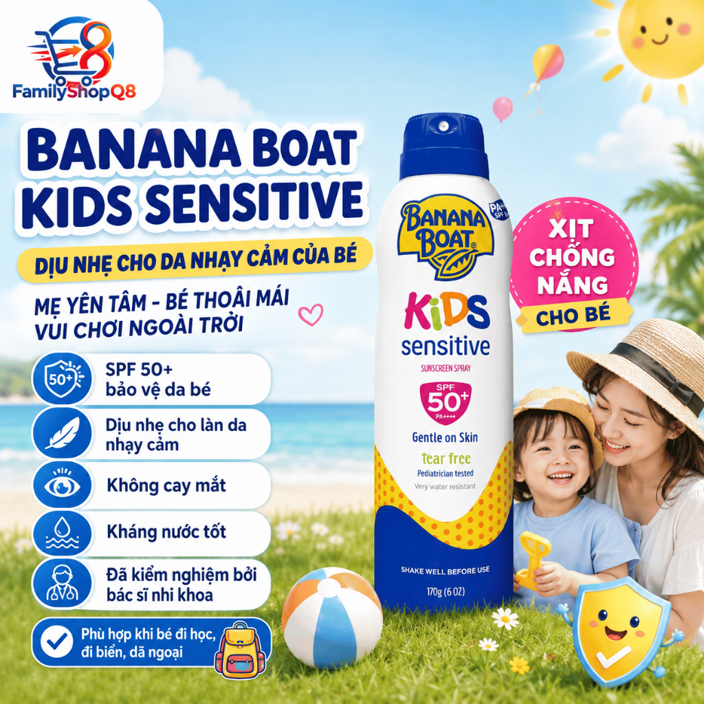 Xịt Chống Nắng Banana Boat Dành Cho Trẻ Em Từ 4 Tuổi - Banana Boat Kids Sensitive SPF50
