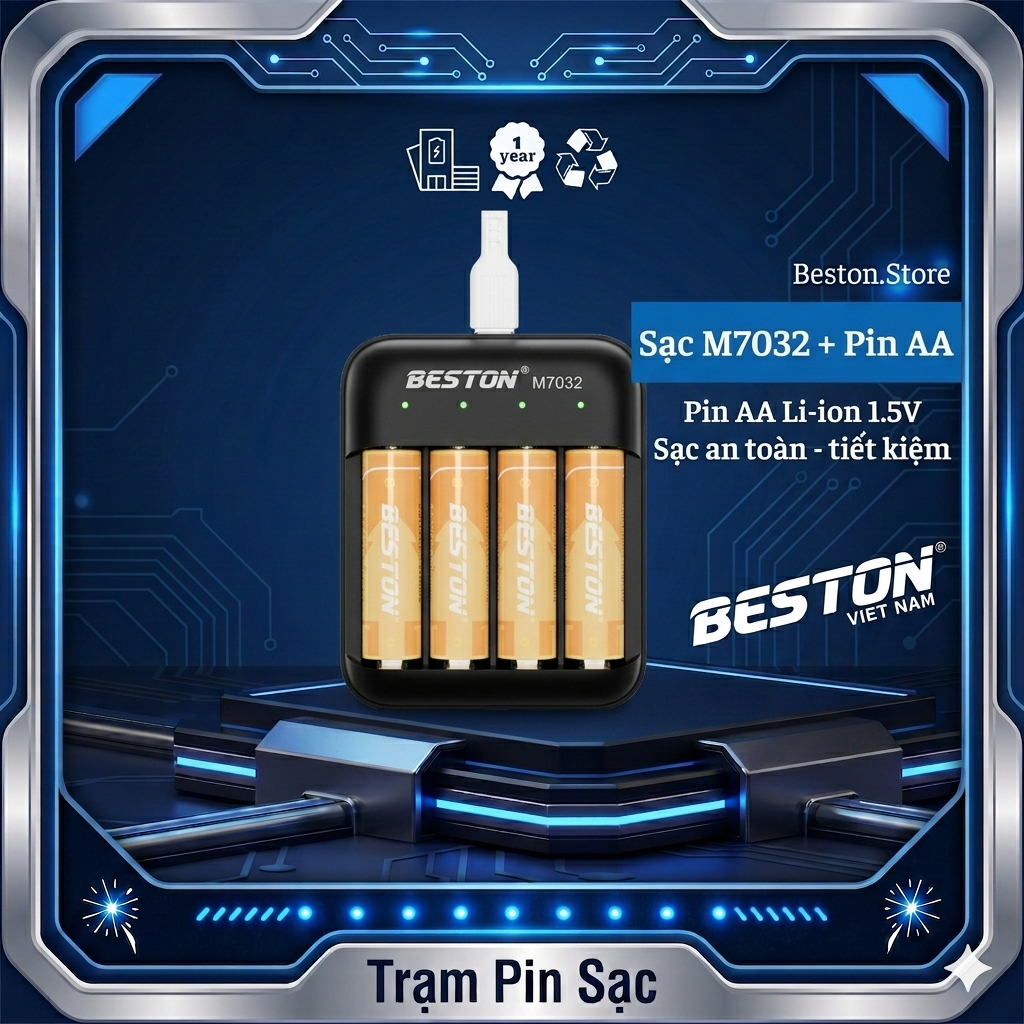 Bộ sạc pin M7032 thương hiệu BESTON dành cho pin 2A 3A Lithium 1.5V tự ngắt
