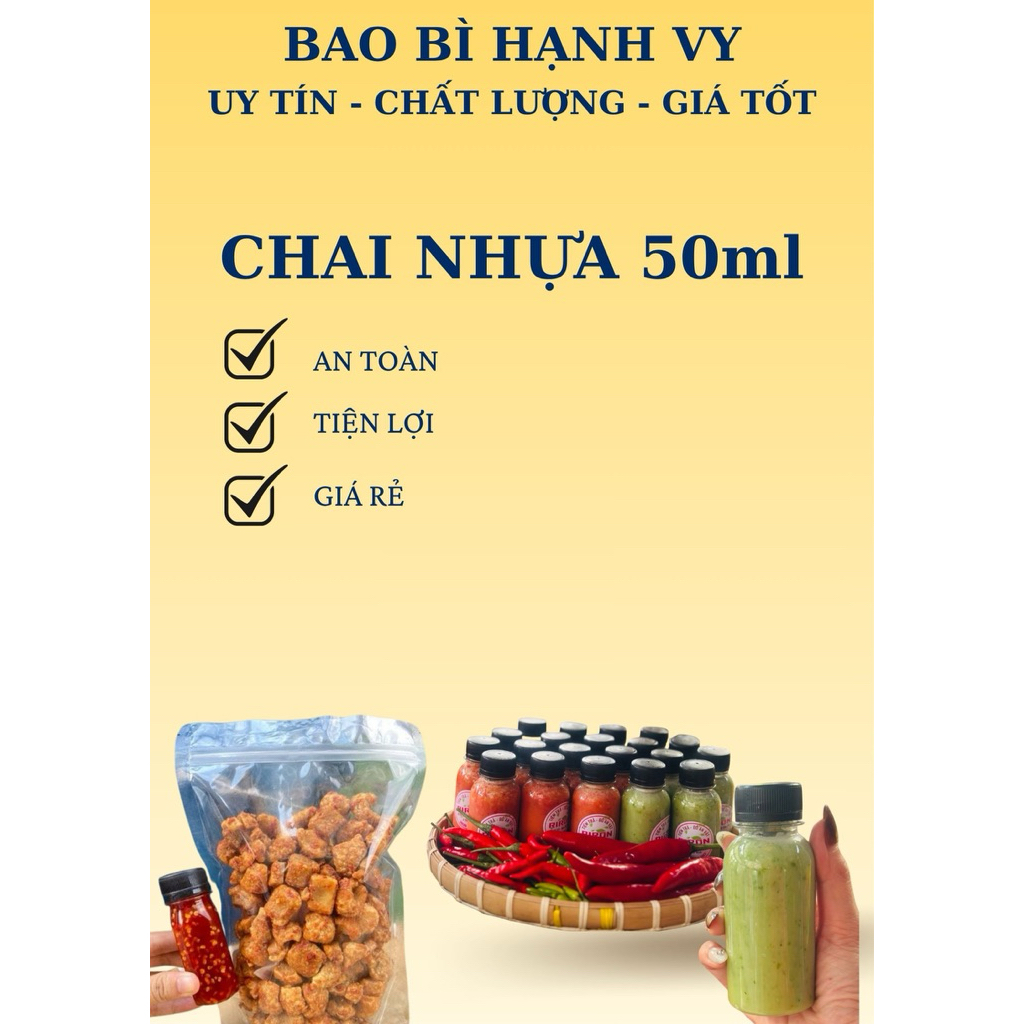 COMBO 200 CHAI 50ml - CHAI NHỰA NẮP ĐEN 50ML - CHAI NHỰA MINI ĐỰNG SỐT, NƯỚC CHẤM GIÁ RẺ