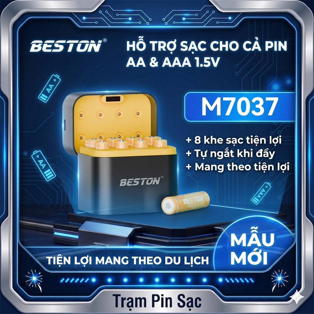 Hộp sạc pin Beston dành cho cả pin 2A & 3A Lithium 1.5V M7037 tự ngắt, chip bảo vệ