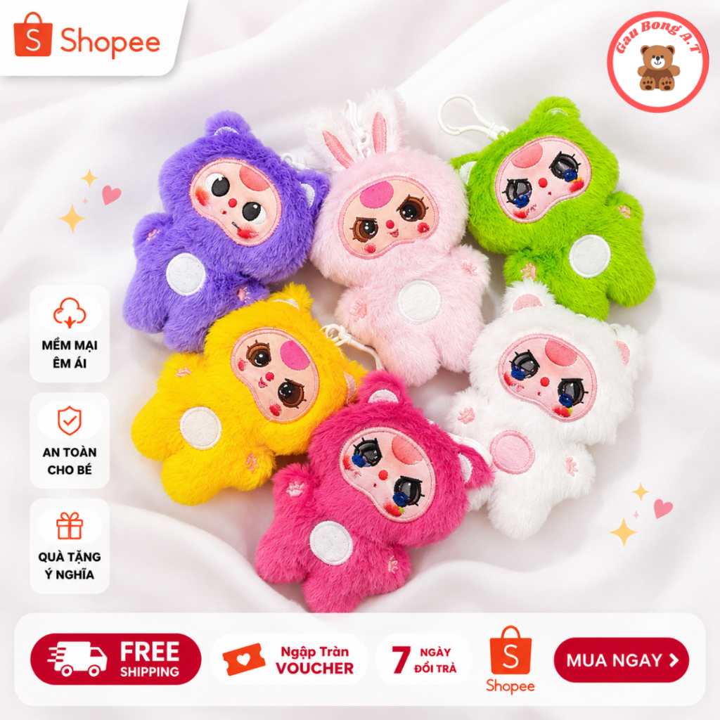 Móc Khoá Gấu Bông Baby Three V3, Thú Nhồi Bông Móc Khoá BB3 V3 Mềm Mịn Cao Cấp