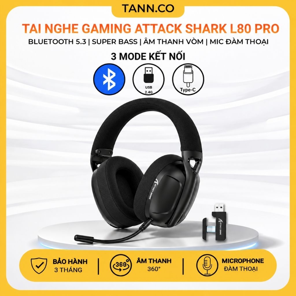 Tai Nghe Gaming Bluetooth Attack Shark L80 - Bluetooth 5.3, Super Bass, Âm Thanh Vòm , Mic Đàm Thoại