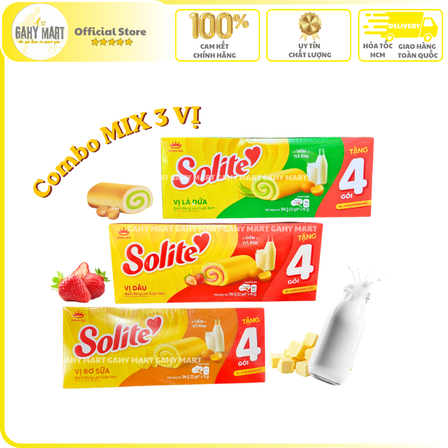[Khuyến mãi 22 gói] Bánh bông lan Cuộn Solite vị Lá Dứa/ Dâu/ Bơ sữa - Khay 18gói+4 gói ⚜️GAHY MART⚜