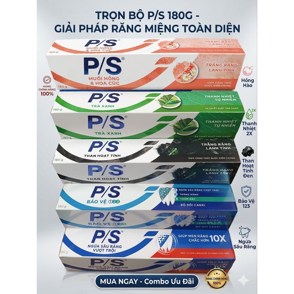 Kem Đánh Răng PS - Ngừa Sâu Răng, Sạch Mảng Bám, Hơi Thở Thơm Mát Tuyp 100G/180G/230G.