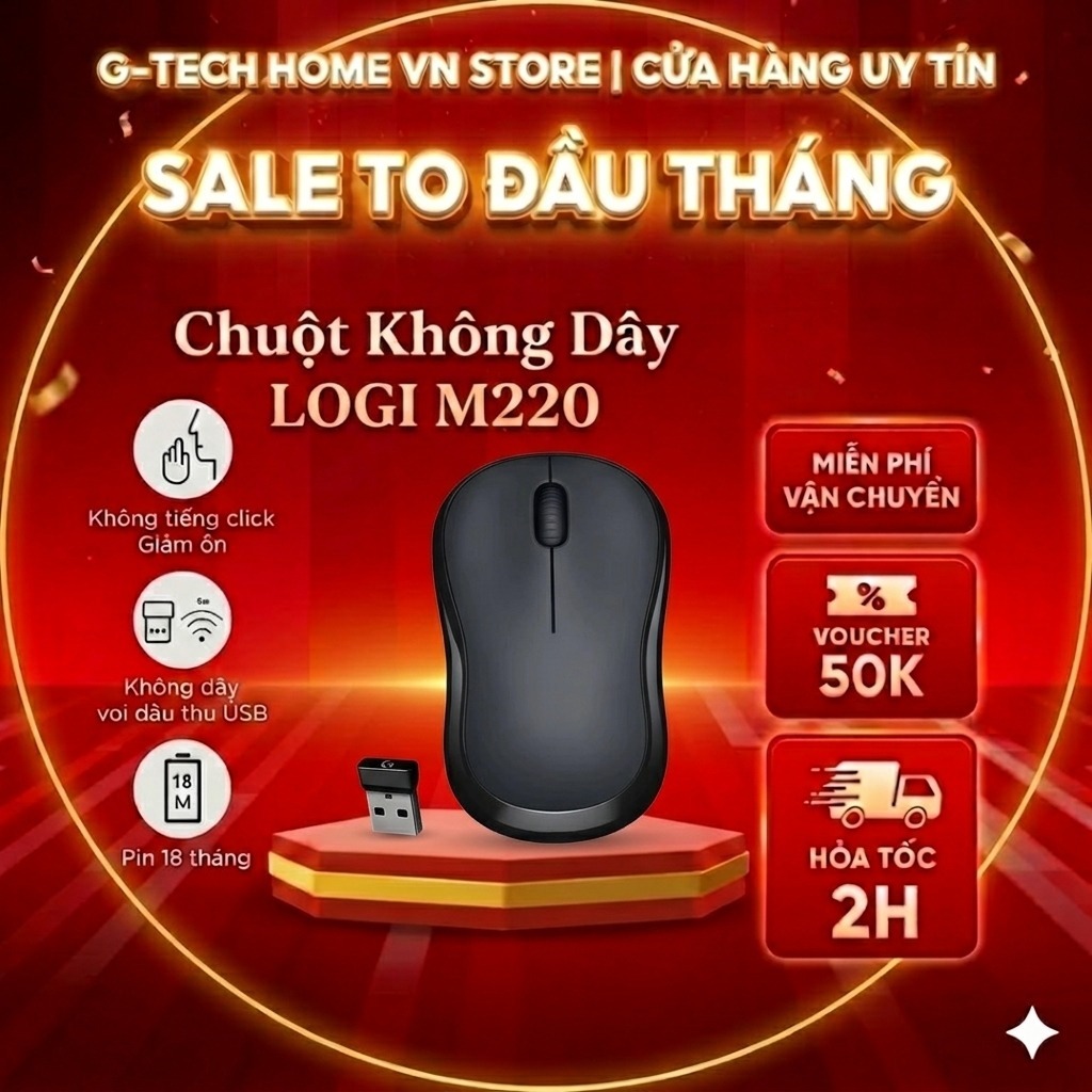 Chuột không dây Logitech M220 Silent Bluetooth văn phòng giảm ồn, kèm USB tặng pin