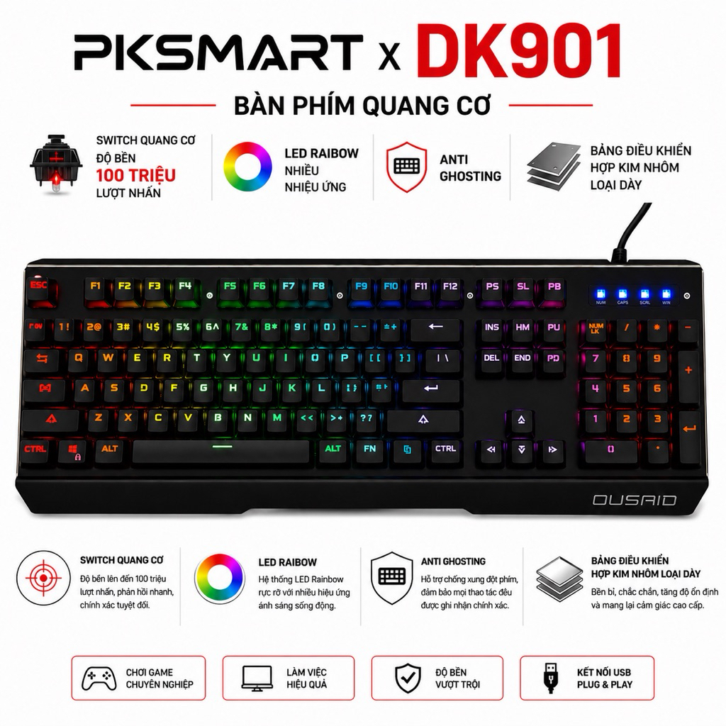 Bàn Phím Cơ Quang Chống Nước IPX8 Có Dây - PKSMART DK901 - LED Nhiều Hiệu Ứng - Antin Ghosting Full 