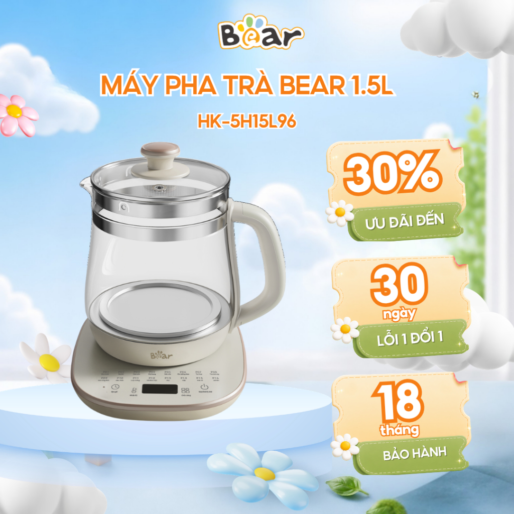 Máy Pha Trà Bear 1.5L Ấm Siêu Tốc Thủy Tinh Giữ Nhiệt Đun Nước Pha Trà Tiện Lợi Sang Trọng HK-5H15L9