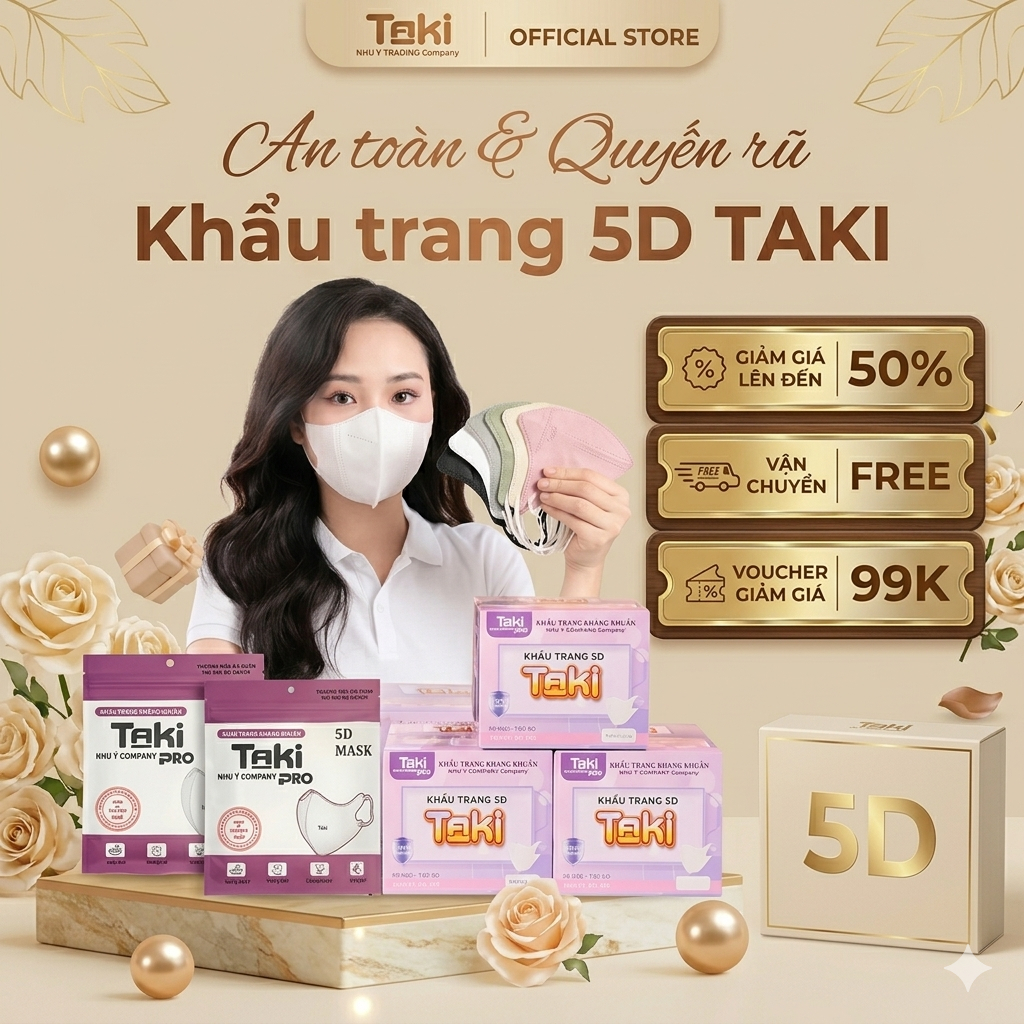 [ Thùng 600 Cái ] Khẩu Trang 5D Taki Chính hãng dày dặn cao cấp & thời trang hottrend