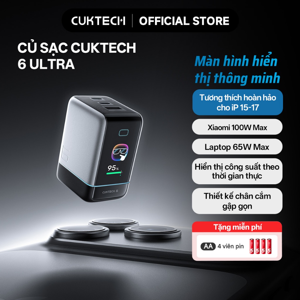 Củ Sạc Nhanh CUKTECH GaN 100W Màn Hình Hiển Thị 3 Cổng Type-C Sạc Laptop 65W Tương Thích iP 17 Pro Max/MacBook/Xiaomi | BigBuy360 - bigbuy360.vn