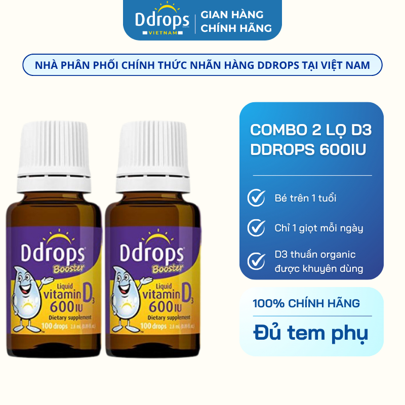 Combo 2 lọ D3 Thuần Organic Ddrops 600IU dạng lỏng nhỏ giọt dành cho bé >1y giúp bé phát triển khỏe 