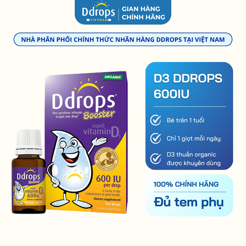 [NHẬP KHẨU] D3 Thuần Organic Ddrops 600IU chính hãng dạng lỏng nhỏ giọt cho bé >1y giúp bé cao lớn k