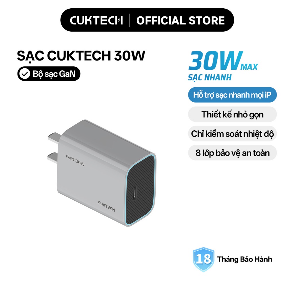 Củ Sạc Nhanh CUKTECH GaN 30W Mini Nhỏ Gọn Tương Thích 20W Cho iP 17/16/15/iPad/Samsung S26/Xiaomi 17