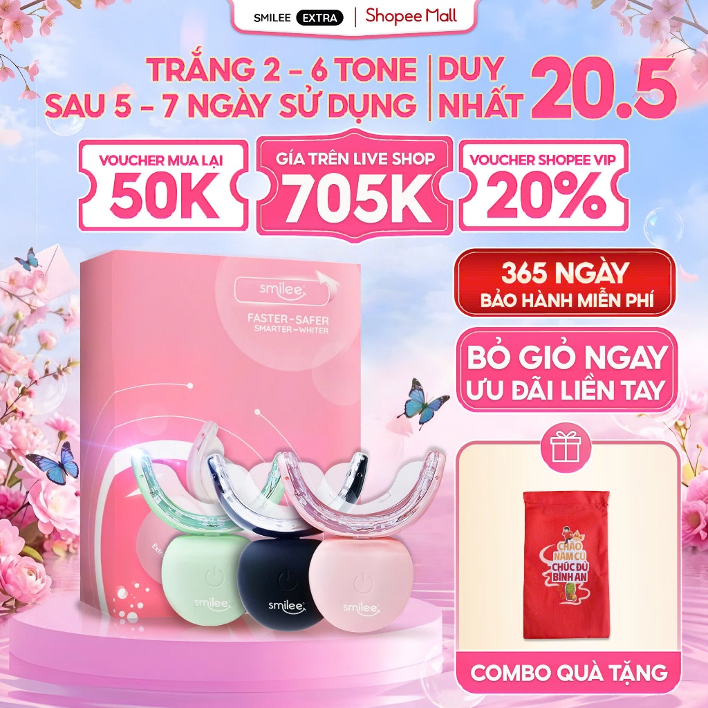[GIÁ 687K TẠI LIVE SHOP] Bộ Kit Trắng Răng Smilee Extra, Làm Trắng Răng Bật 2-6 Tone Tại Nhà Phiên B