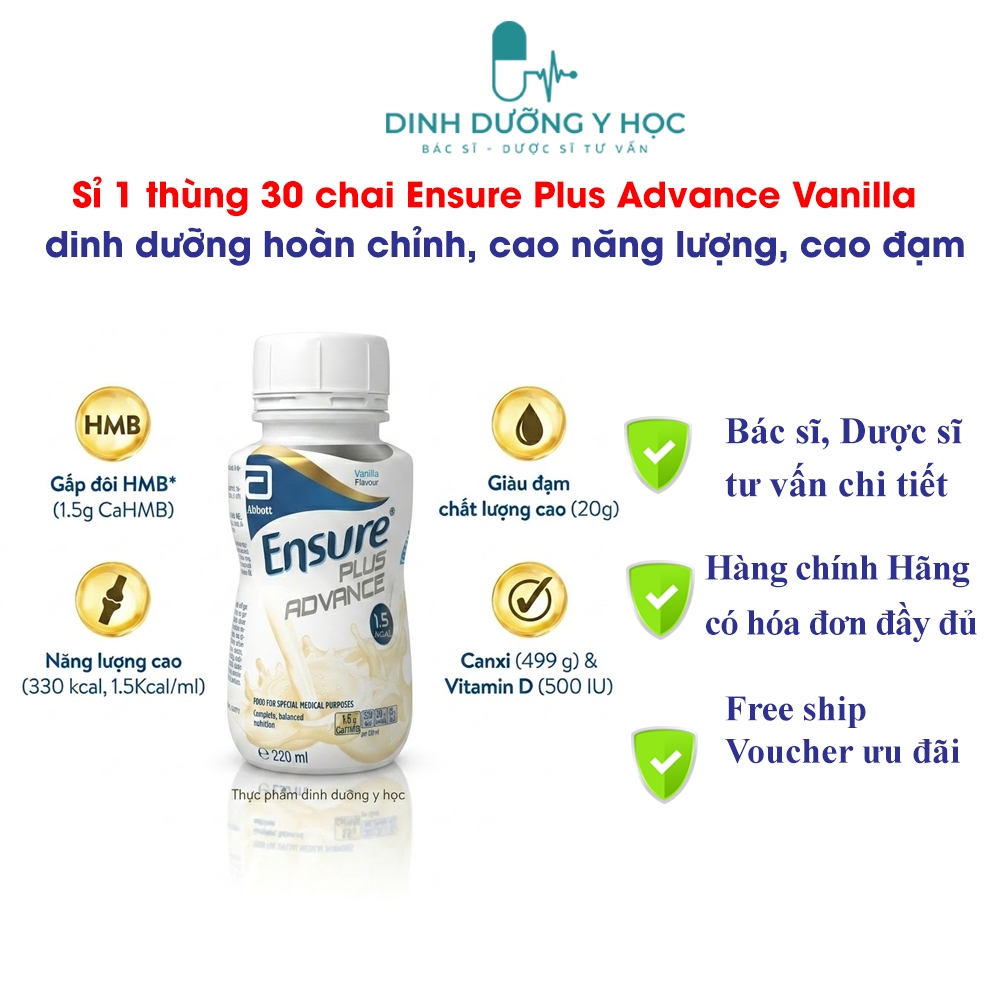Thùng 30 chai Ensure Plus Advance Vanilla 220ml cho người có nhu cầu dinh dưỡng cao,sụt cân, suy mòn