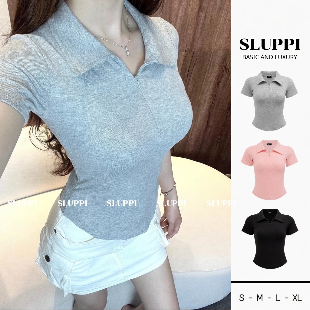 [MÀU MỚI 2026] Áo thun nữ cổ bẻ phối dây kéo DAZZI , áo polo nữ ôm dáng vải cotton mịn DAZZI A022