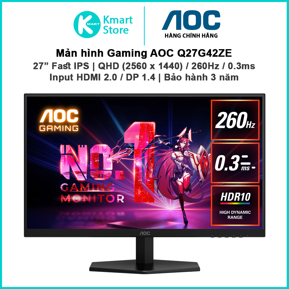 Màn hình Gmaing AOC Q27G42ZE | 27" Fast IPS / 2K QHD / 260Hz / 0.3ms | Input HDMI 2.0 + DP 1.4 | Bảo