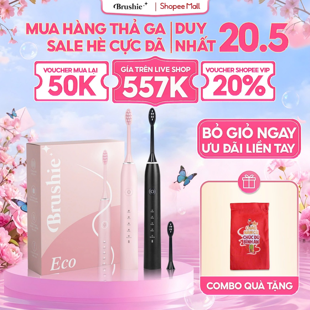 [GIÁ 557K TẠI LIVE SHOP] Bàn Chải Điện Brushie Eco chính hãng 2024, 5 chế độ làm sạch phù hợp cho ng