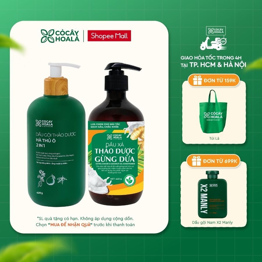 [HỎA TỐC] Combo Dầu Gội Hà Thủ Ô 2in1 420G & Dầu Xả Gừng Dừa 440G Cỏ Cây Hoa Lá Giúp Giảm Gãy Rụng, 