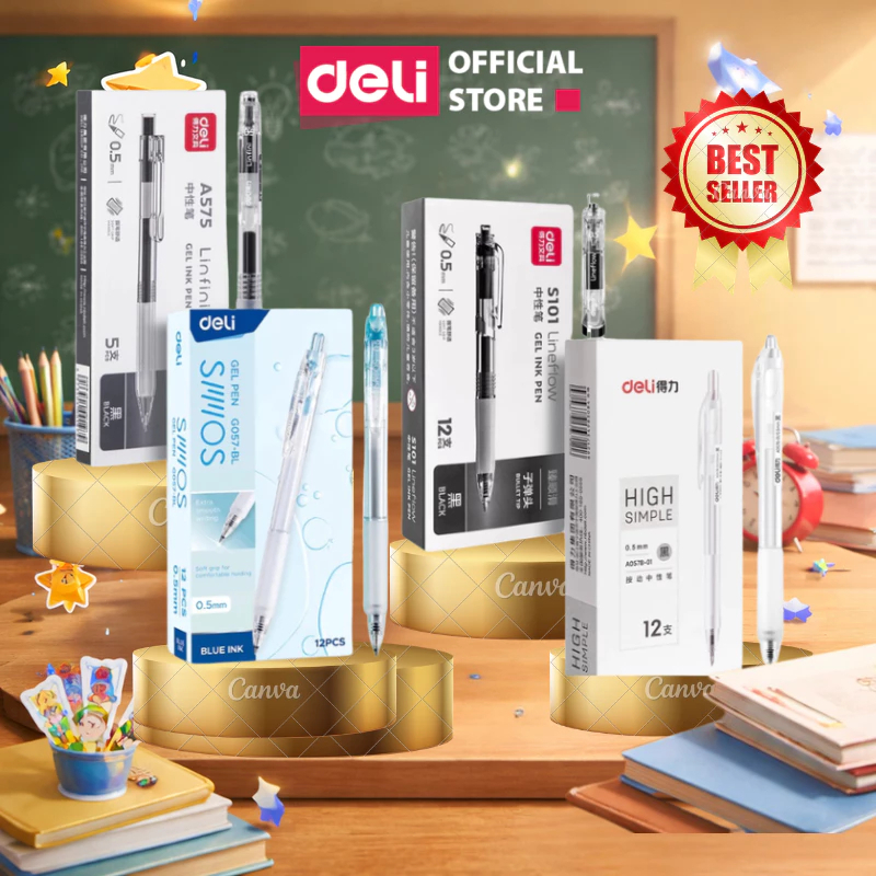 Nguyên hộp 5 chiếc A575 Bút Gel Ngòi 0.5mm Dung Tích Lớn Deli A575, A057B, S60, S101 Màu Xanh Đen Đỏ
