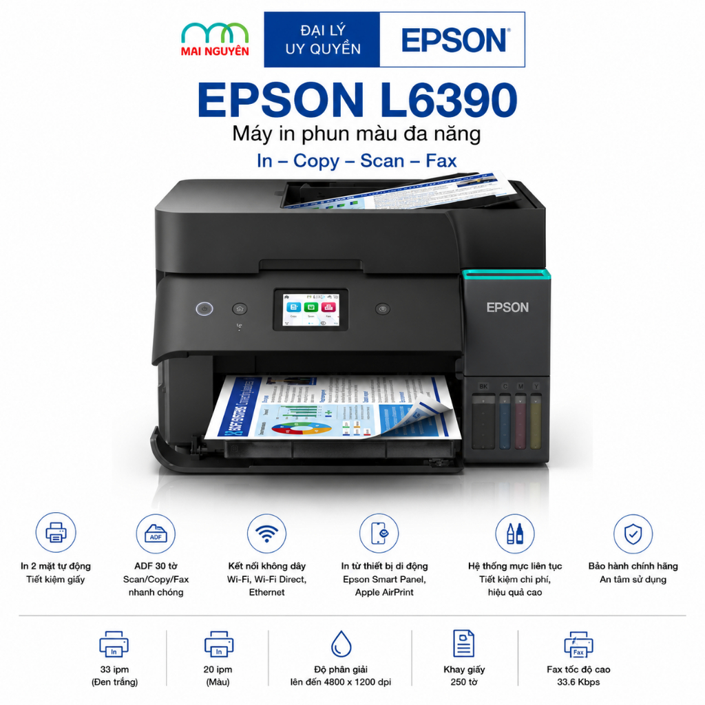 Máy In Phun Màu Đa Năng EPSON L6390 In Scan Copy Fax, WiFi, LAN, In 2 Mặt, ADF - Hàng Chính Hãng