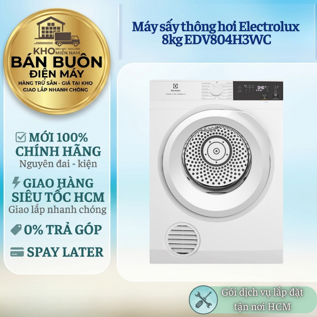 EDV804H3WC Máy Sấy Thông Hơi Electrolux 8kg - Giảm Nhăn 32%, Diệt Khuẩn, Bảo Vệ Màu EDV804H3WC