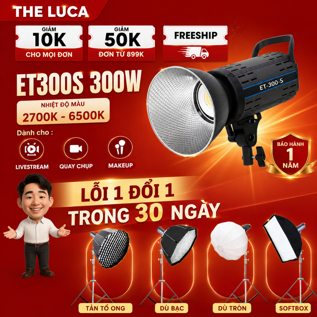 Đèn livestream cao cấp ET300S V2 2026 Chân 2M8 Trợ Sáng Livetream, Chụp Ảnh Studio-Phân Phối ZSYB Vi