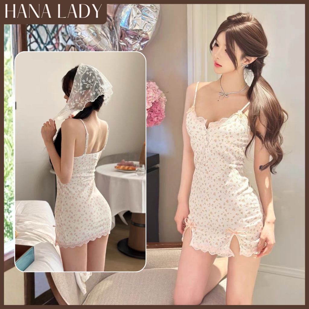 Váy Ngủ Body Hoa Nhí - Đầm Ngủ Thun Trắng Phối Ren Nơ Hồng Xẻ Tà 2 Bên HanaLady - VN628 | BigBuy360 - bigbuy360.vn