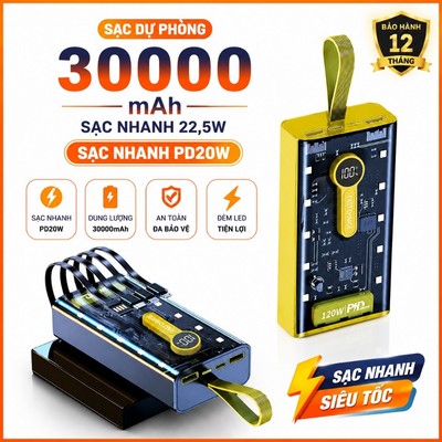 Sạc dự phòng 30000mAh 120W PD22,5W thiết kế trong suốt kết hợp đèn led tích hợp 4 dây sạc