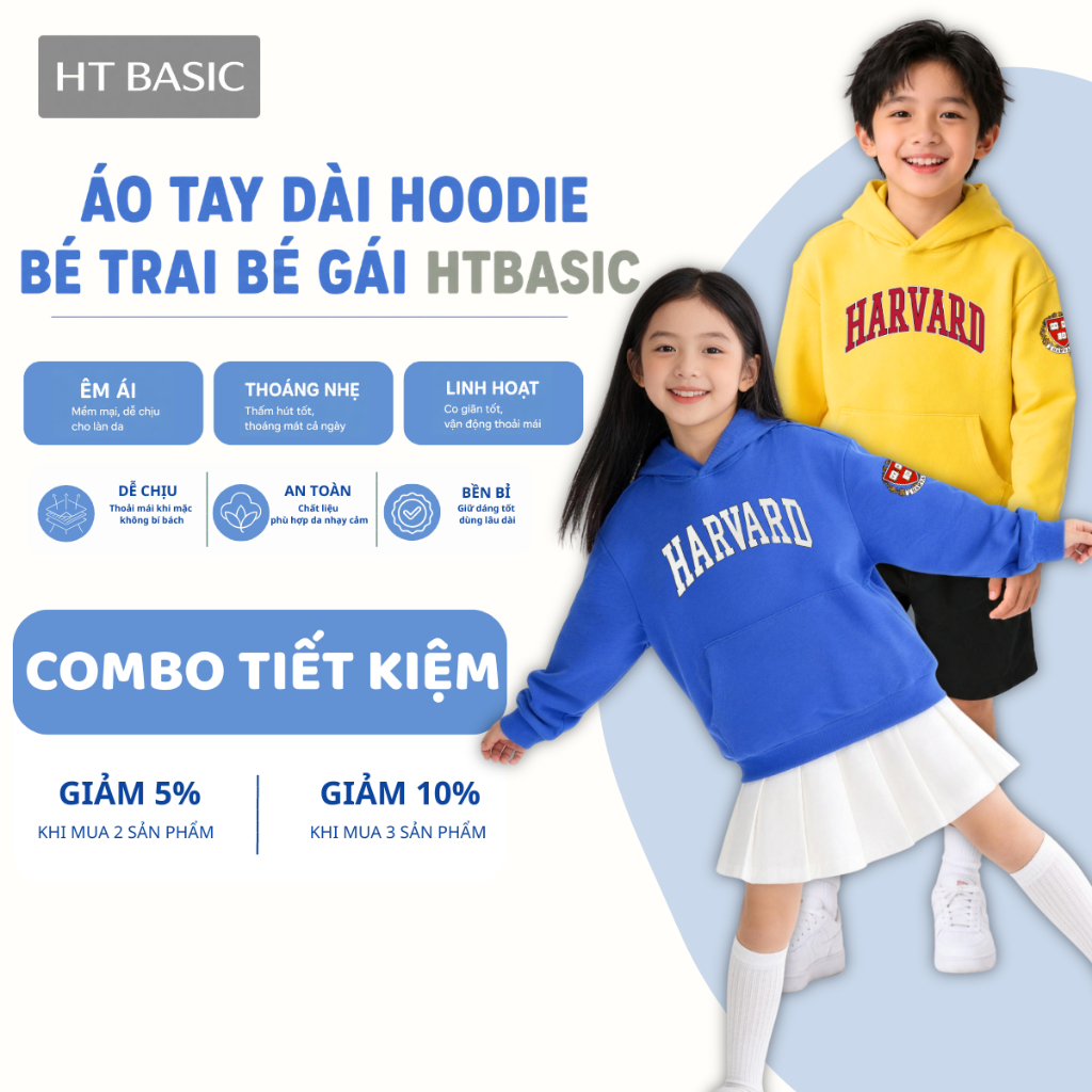 Áo tay dài hoodie bé trai, bé gái H&T chất da cá cotton 4 chiều in chữ logo Harvard cho bé từ 4-12 t