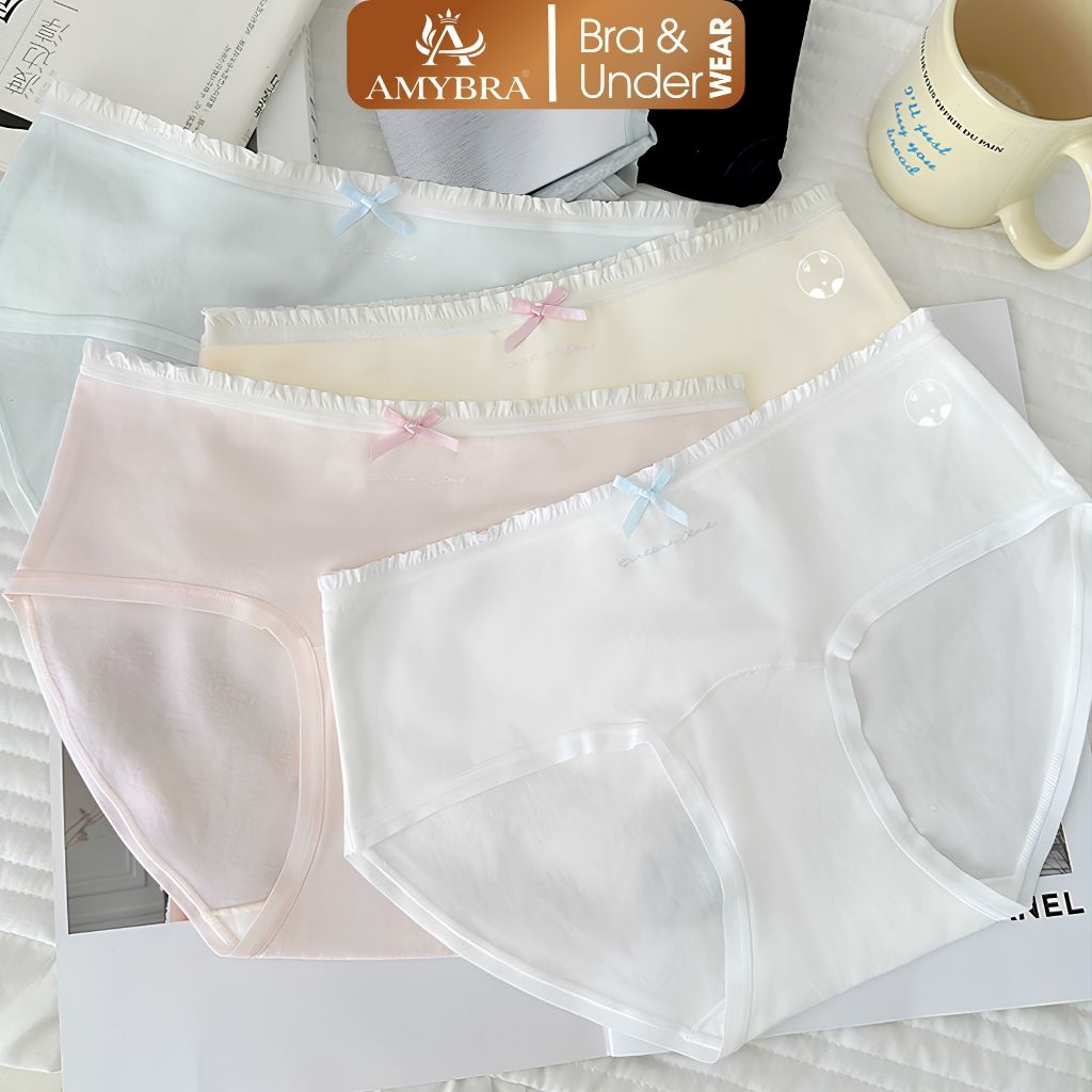 Quần Lót Nữ Cotton Mềm Mịn Thấm Hút Tốt, Quần Lót Nữ Màu Sắc Pastel Viền Bèo Đáng Yêu AMYBRA L4119