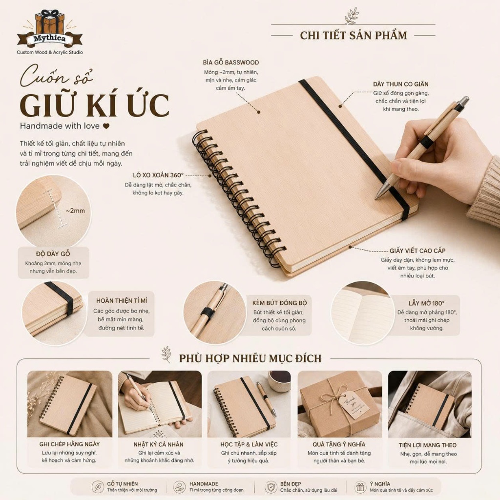 Sổ tay bìa gỗ plywood — ảnh listing minh họa