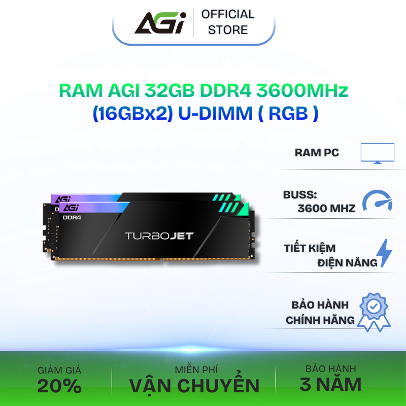 Kit RAM PC AGI 32GB(16GBx2) DDR4 3600MHz U-DIMM ( RGB ) - AGI3EPC16UD848-DC -BH Chính Hãng 3 Năm