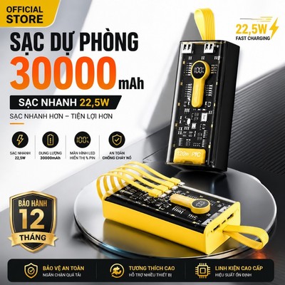 Sạc dự phòng 20000 30000mah sạc nhanh pd120w/20w trong suốt tích hợp 4 dây sạc tích hợp đèn led chiếu sáng