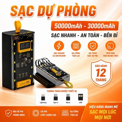 Sạc dự phòng sạc nhanh 120W PD20W thiết kế trong suốt kết hợp đèn led tích hợp dây sạc