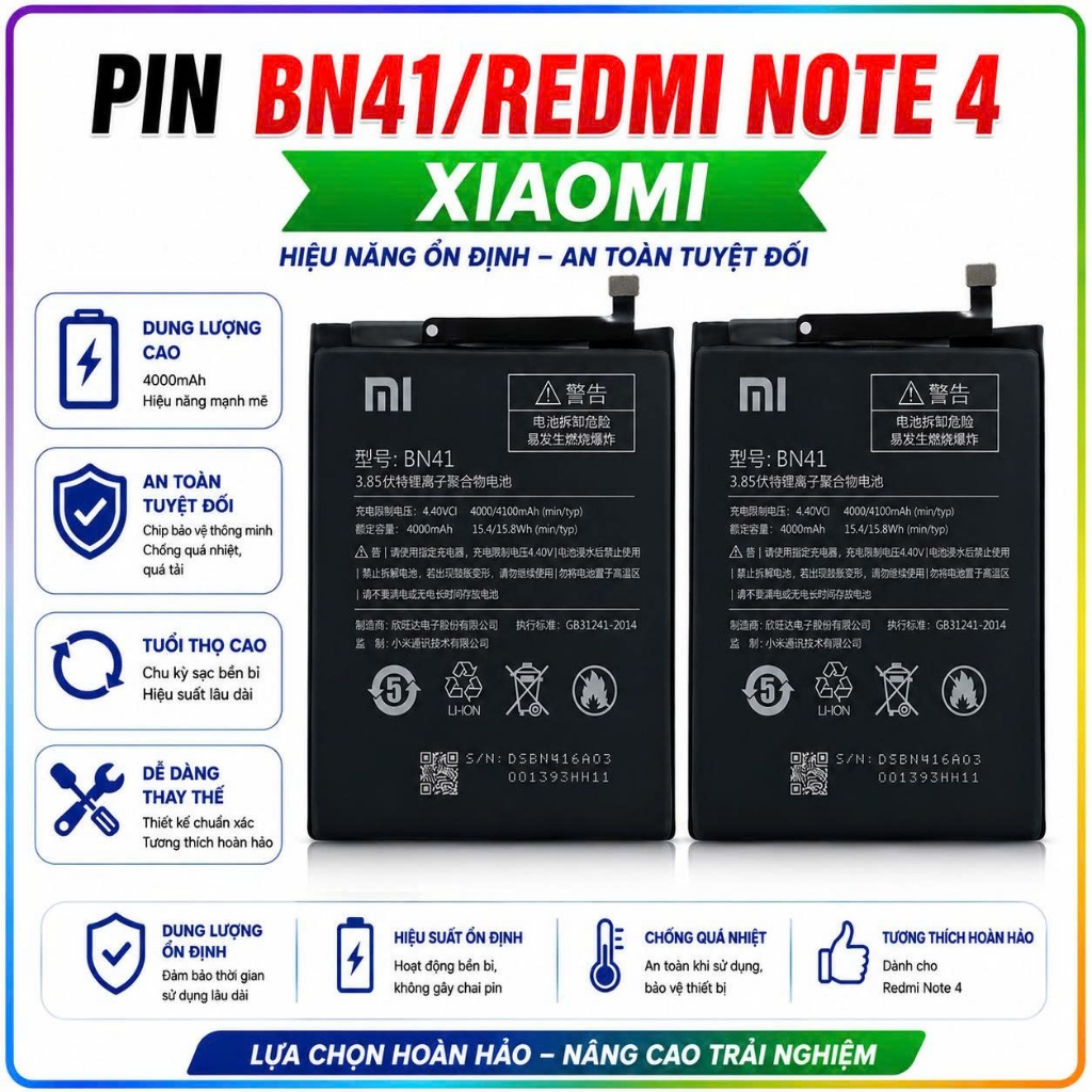 Pin xiaomi redmi note 4/bn41,mới