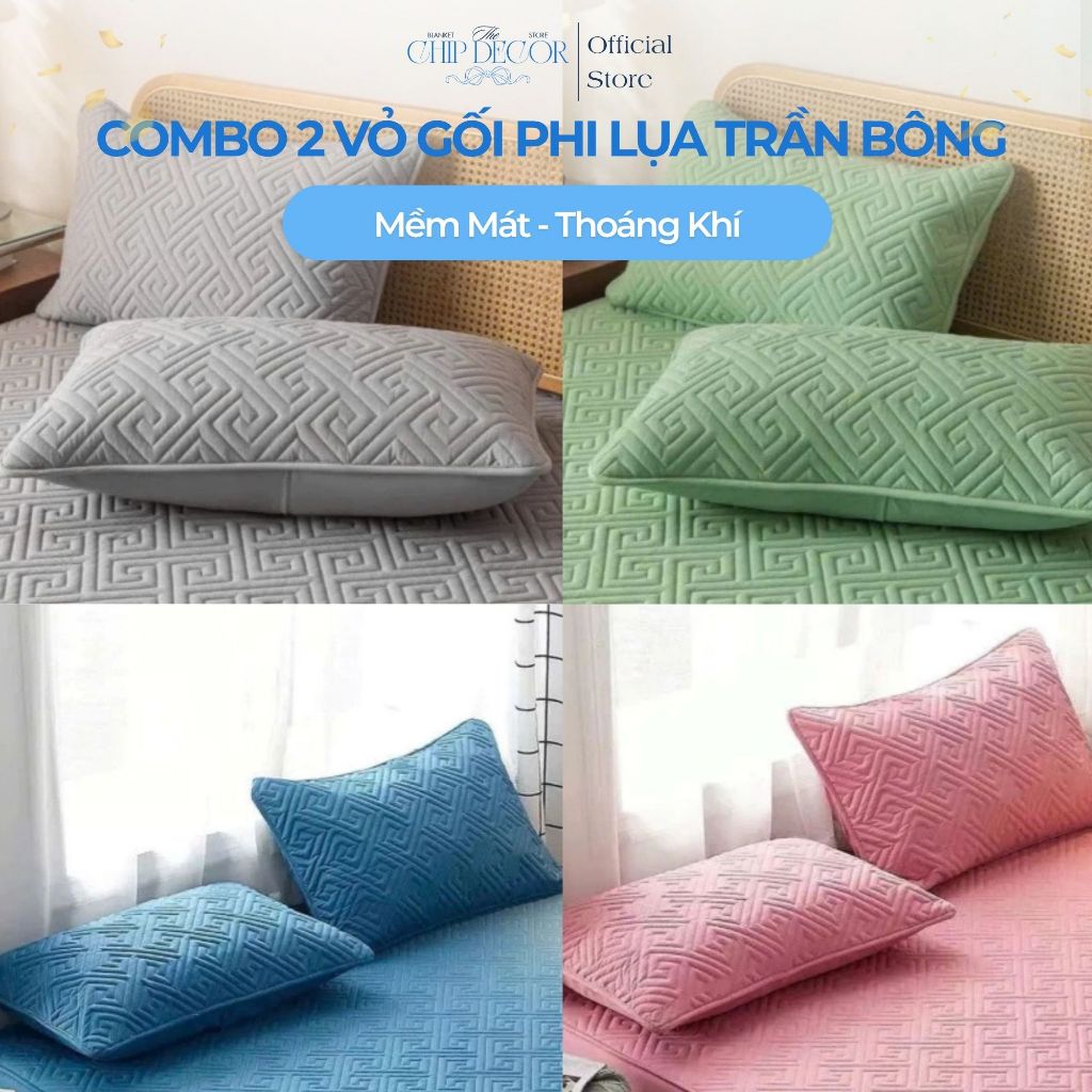Combo 2 Vỏ gối phi lụa trần bông kích thước 45x65cm, Vỏ gối đầu chất liệu thoáng mát thấm hút mồ hôi