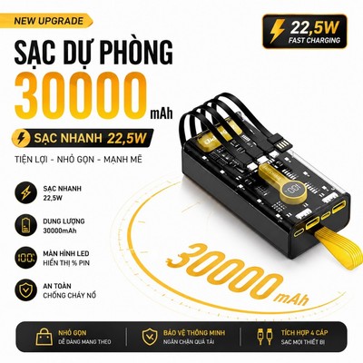 Sạc Dự Phòng 30000mAh Sạc Nhanh Trong Suốt Tích Hợp 4 Cổng Sạc Tiện Lợi Đèn LED Siêu Sáng