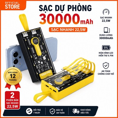 Sạc dự phòng 30000mah sạc nhanh PD120w/20w trong suốt tích hợp 4 dây sạc tích hợp đèn led chiếu sáng