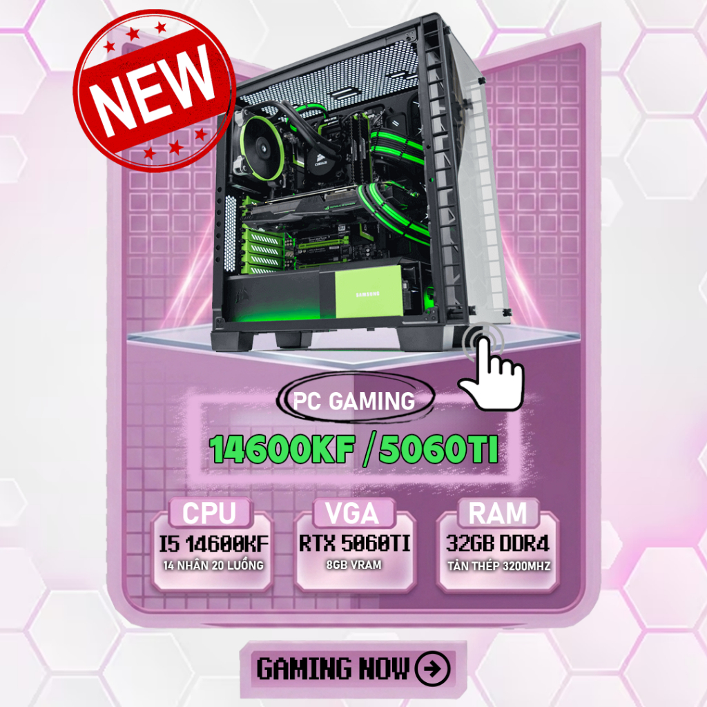 (MỚI 100%) PC Gaming i5 14600KF RTX 5060Ti RAM 32GB SSD 512GB Máy Tính Để Bàn Chơi Game Livestream Đ
