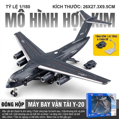Mô hình máy bay vận tải Y-20 KAVY bằng hợp kim có nhạc và đèn kèm chân đế và xe tăng
