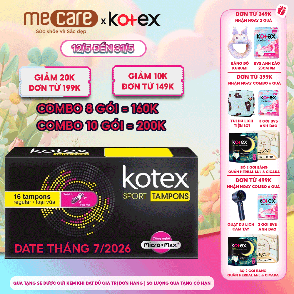 [Thanh Lý Cận Date] Băng Vệ Sinh Kotex Sport Tampon Loại Vừa 16 Miếng Tampon Regular