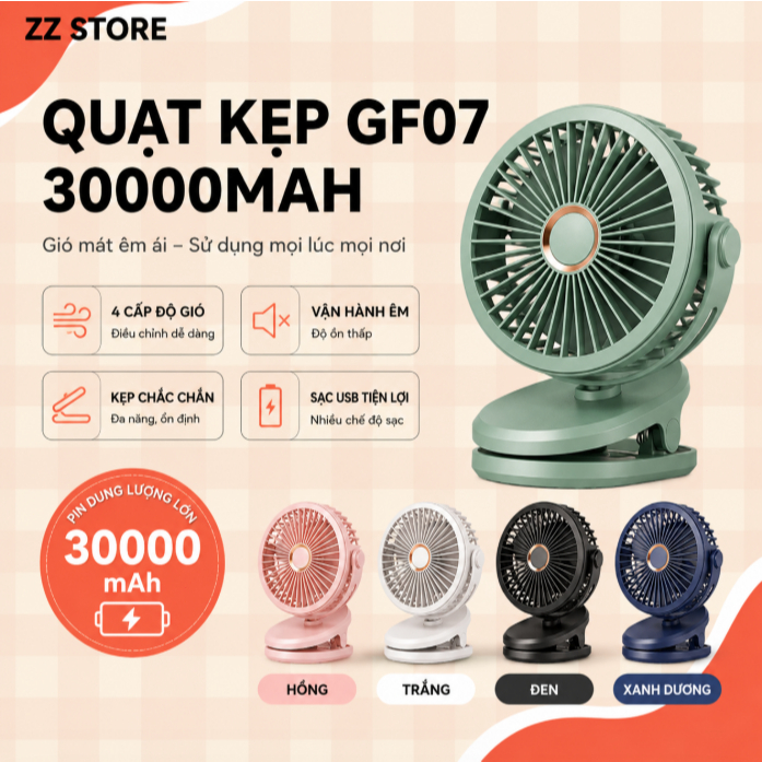 Quạt kẹp bàn GF07 mini USB, 4 cấp độ, 720° xoay, siêu yên tĩnh, gió lớn, dùng phòng ngủ văn phòng