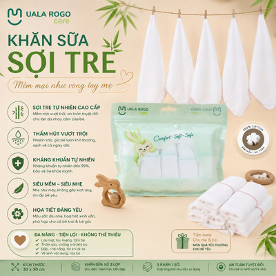 Khăn sữa cho bé Ualarogo set 5 chiếc 25x25cm vải xô cotton 3 lớp mềm mại co giãn thấm hút UR 952