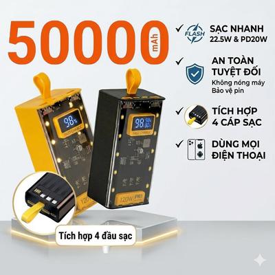 Sạc dự phòng 50000mAh Sạc Nhanh 22.5W Trong Suốt Tích Hợp Dây Sạc Tiện Lợi Bảo Hành 12 Tháng