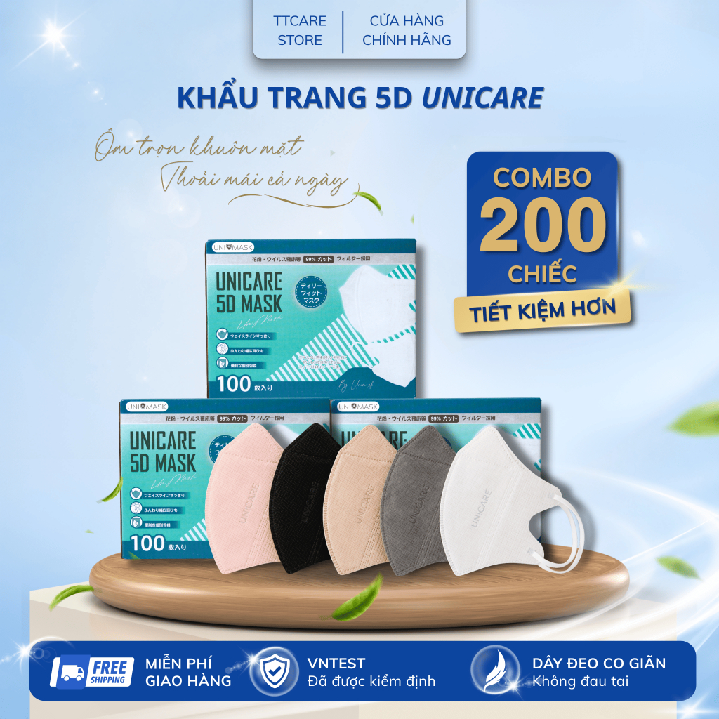 Thùng 200 chiếc Khẩu trang 5D UNICARE, Khẩu Trang 3 Lớp Kháng Khuẩn, Kháng Bụi, Không Thấm Nước